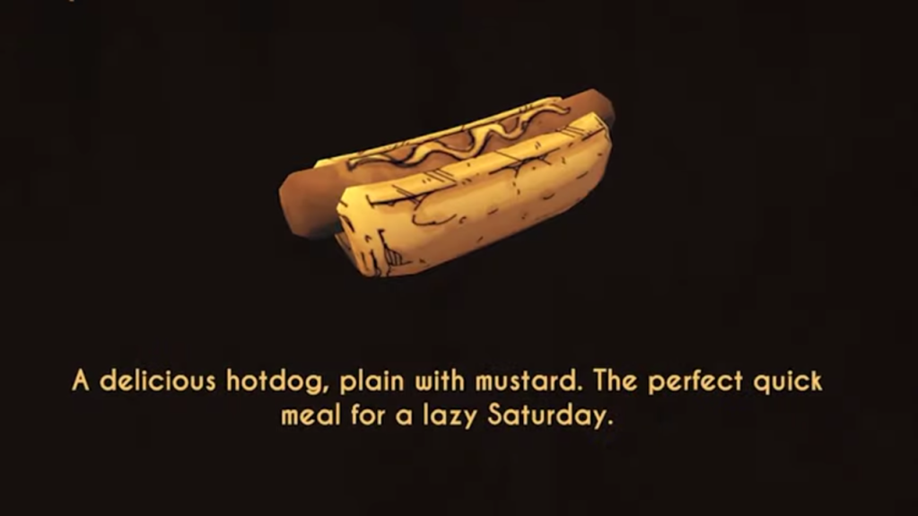 A screenshot of the Hotdog memory easter egg in BATDR. The description reads, “A delicious hotdog, plain with mustard. The perfect quick meal for a lazy Saturday.”