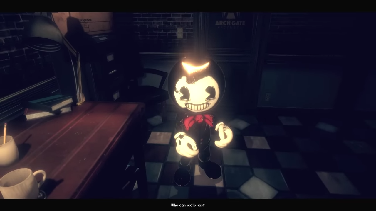 A screenshot of Dapper Bendy standing in Audrey's office with a bright red bowtie.