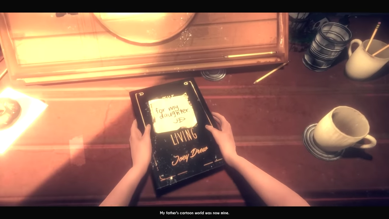 A screenshot of Audrey picking up a copy of The Illusion of Living with a note on it that reads, "for my daughter," and is signed "JD."