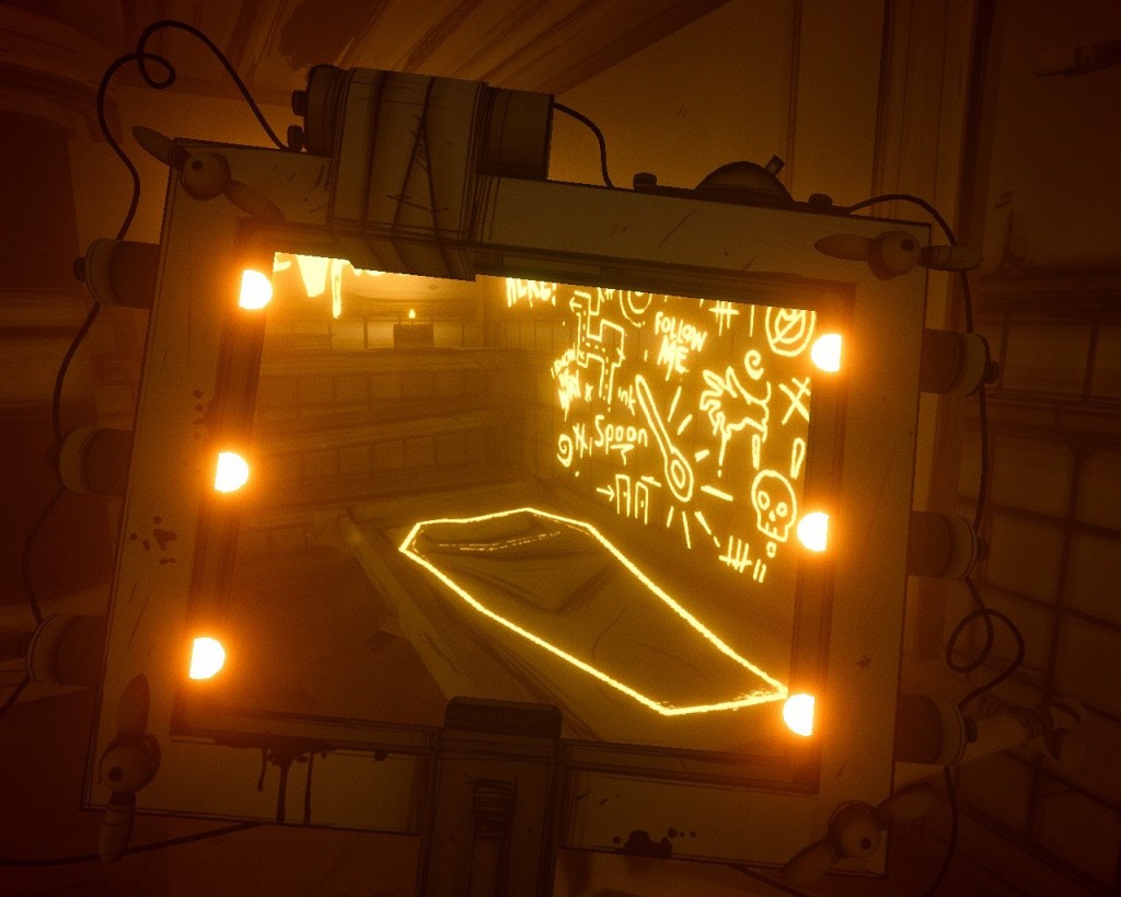 A screenshot of the coffin hidden message on the bed in Henry's cell in Allison and Tom's hideout in BATIM Chapter 5.