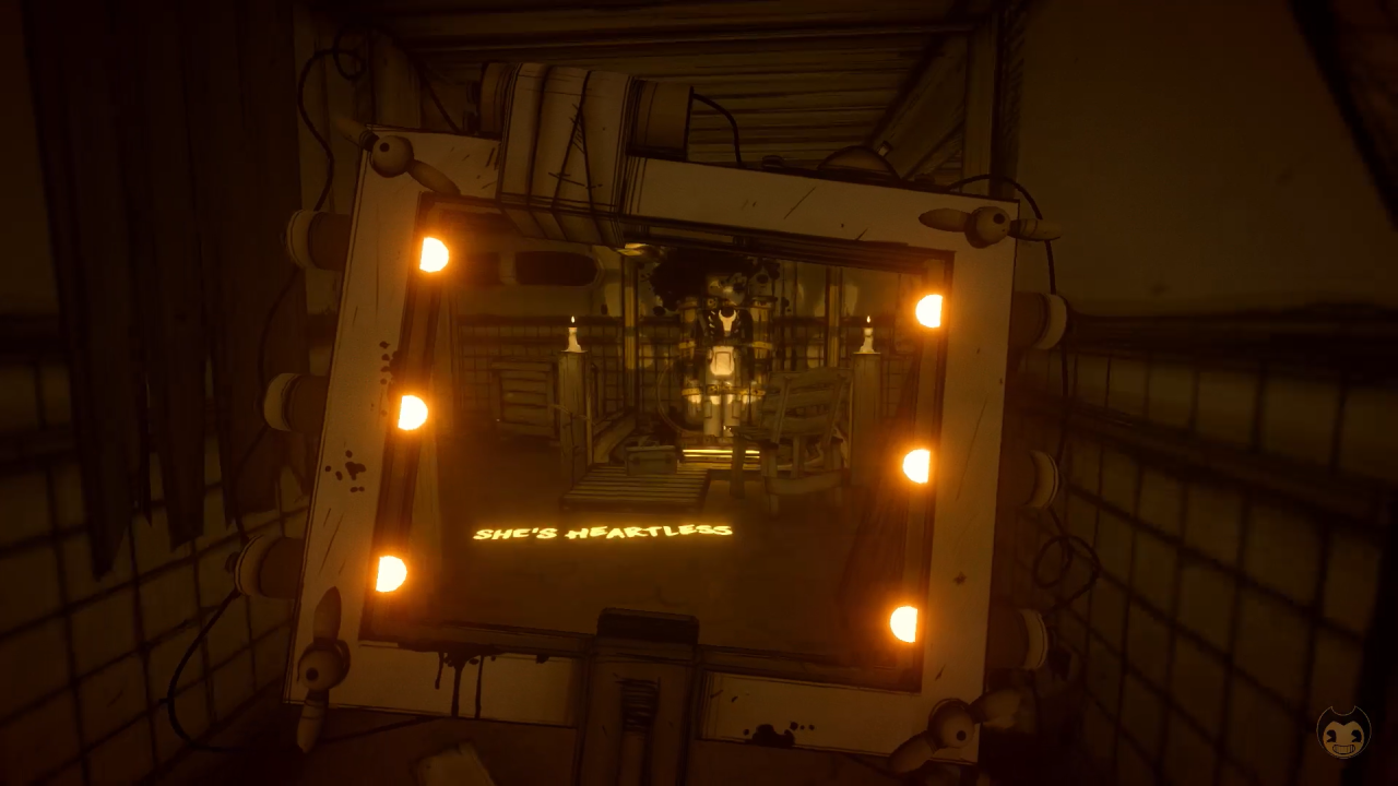 A screenshot of the "she's heartless" secret message in front of the first gutted Boris we see in BATIM.